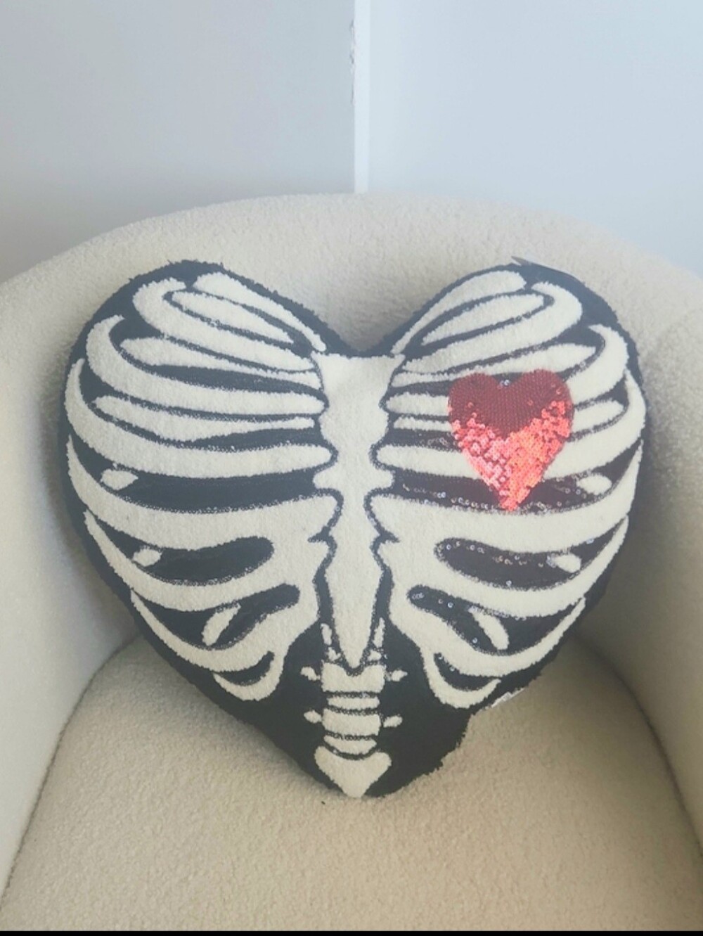 Black Sequin & White Plush Skeleton Rib Cage Heart Pillow w/ Red Sequin Heart